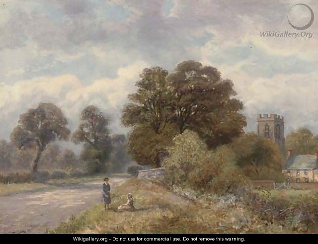 Young girls beside a country road with a church beyond - Enoch Crosland