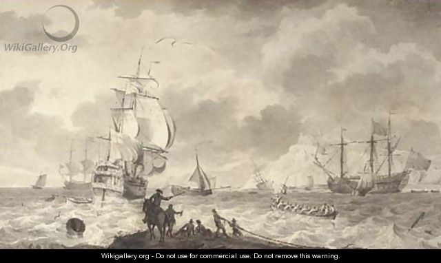Shipping in choppy sea, a horseman and attendants on a spit in the foreground, a harbour, possibly Dover, beyond - English School