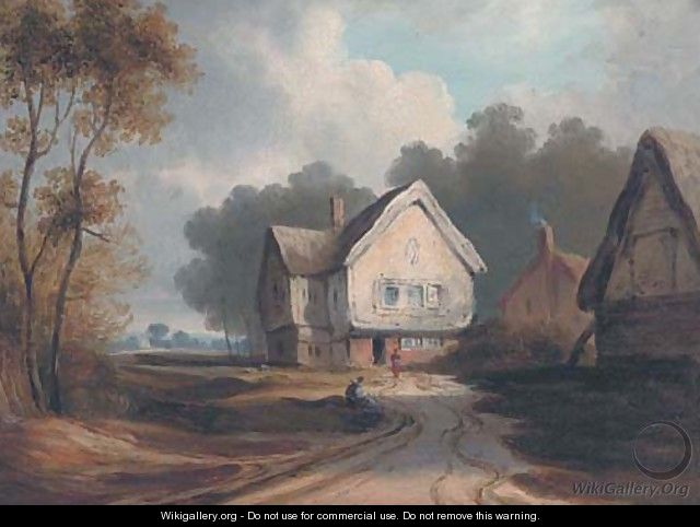 Figures before cottages, traditionally identified as Hampstead Heath - English School