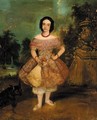 Portrait of a girl, full length, standing by the garden steps holding a posy - English School