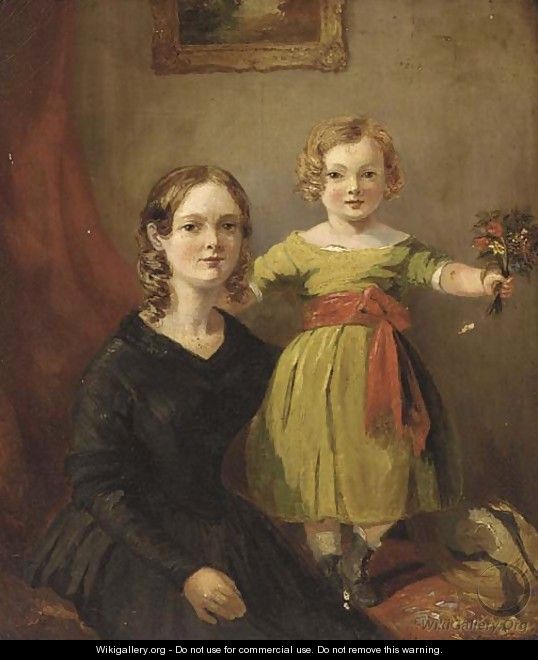 Portrait of a mother and child, the mother in a black dress and her child in a green dress holding a posy, in an interior - English School
