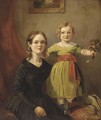 Portrait of a mother and child, the mother in a black dress and her child in a green dress holding a posy, in an interior - English School