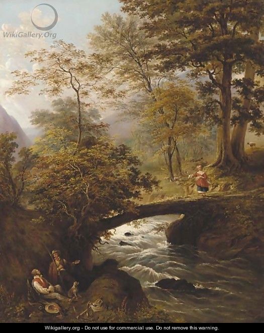 Figures resting by a river with a shepherdess on a bridge beyond - English School