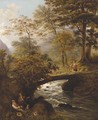 Figures resting by a river with a shepherdess on a bridge beyond - English School