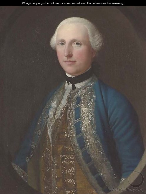 Portrait of a gentleman, half-length, in a blue coat and yellow waistcoat, feigned oval - English School