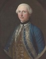 Portrait of a gentleman, half-length, in a blue coat and yellow waistcoat, feigned oval - English School