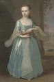Portrait of a young lady, full-length, in a blue dress with lace trim - English School