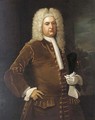 Portrait of a gentleman, three-quarter-length, in a brown coat, and white stock and gloves - English School