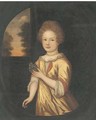 Portrait of a young girl, three-quarter-length, in a yellow dress and pearl necklace - English School