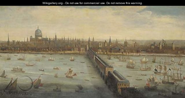 View of the River Thames and the City of London taken from the South Bank at Southwark, with old London Bridge, and the Pool of London - English School