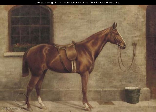 A chestnut horse beside a stable - English School