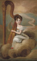 Portrait of a young girl, full-length, in a white dress, playing the harp, seated on a cloud - English School