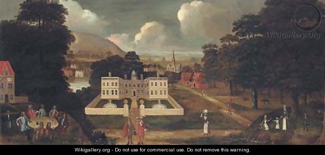 View of a country house, beside a river, with figures in the foreground and a town beyond - English School