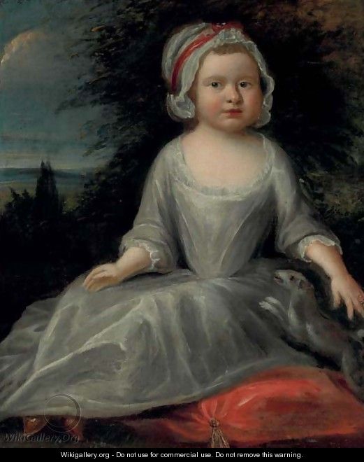 Portrait of a young girl, full-length, in a white dress and cap - English School