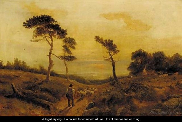 A shepherd with his flock at sunset - English School