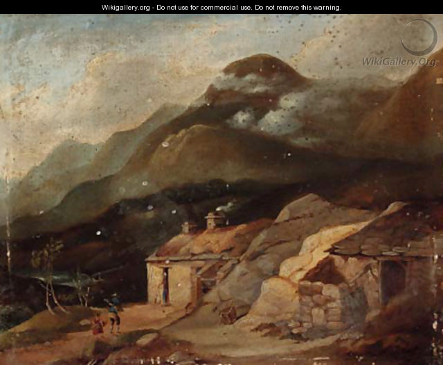 Figures before a croft in a Highland landscape - English School