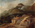 Figures before a croft in a Highland landscape - English School