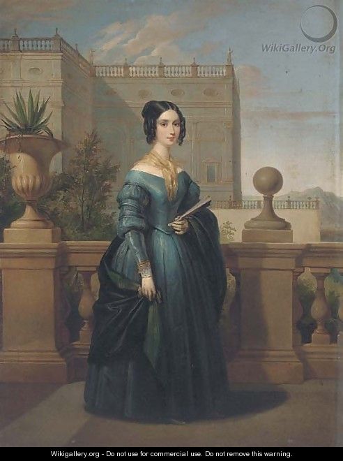 Portrait of a lady, small full-length, in a blue dress with a green wrap and a yellow scarf - English School
