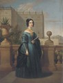 Portrait of a lady, small full-length, in a blue dress with a green wrap and a yellow scarf - English School