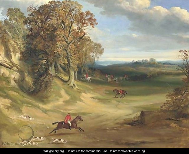 A hunting scene, in a wooded landscape - English School
