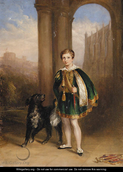A boy in montem dress, with a dog at his side by Eton College chapel, with Windsor Castle beyond - English School