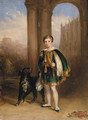 A boy in montem dress, with a dog at his side by Eton College chapel, with Windsor Castle beyond - English School