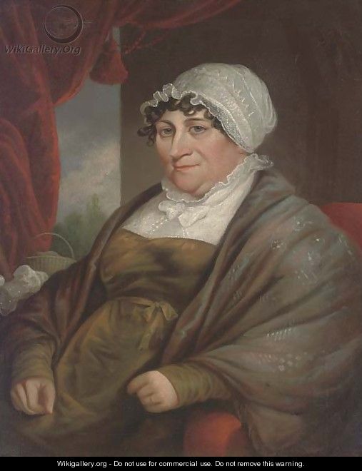 Portrait of a lady, seated half-length, in a green dress with white lace cap, a wood beyond - English School