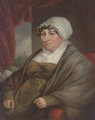Portrait of a lady, seated half-length, in a green dress with white lace cap, a wood beyond - English School