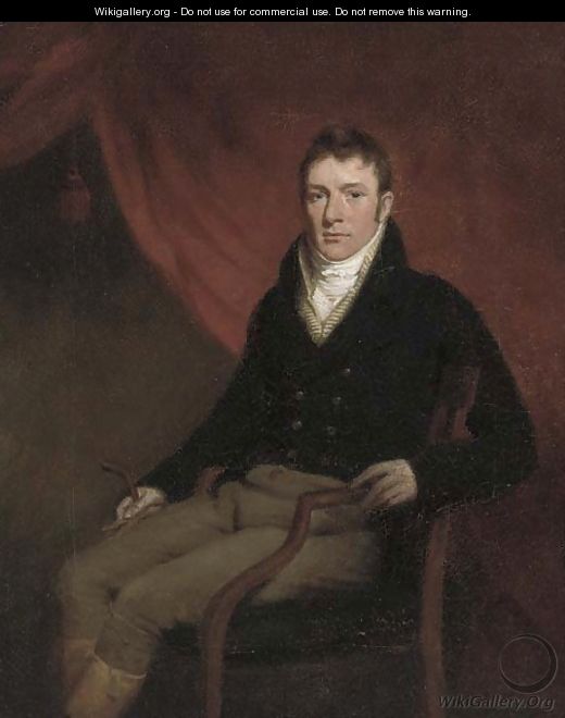 Portrait of a gentleman, seated small three-quarter-length, in a blue coat and grey breeches - English School