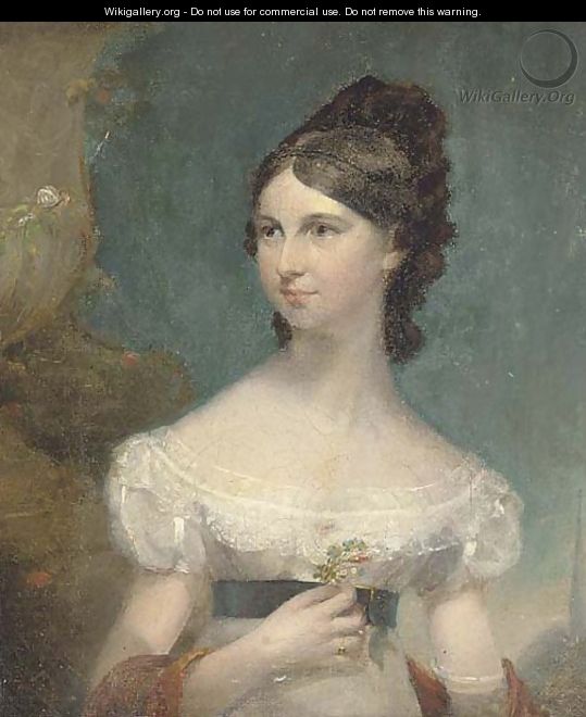 Portrait of a lady, small half-length, in a white dress and orange shawl, holding a flower - English School