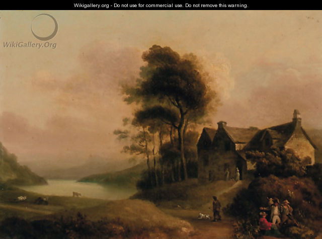 Figures resting by a track before a cottage in a wooded lake landscape - English School
