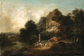 A Landscape with a Shepherd resting on a Riverbank - English School