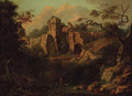 A ruined castle in a wooded landscape, figures in the foreground - English School