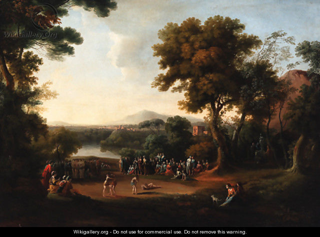 An Italianate landscape with a wrestling match and spectators in the foreground - English School