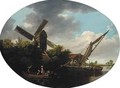 A river landscape, with a windmill and figures in a boat in the foreground - English School