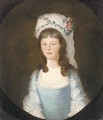 Portrait of a girl, half-length, in a blue dress with white headdress decorated with flowers - English School