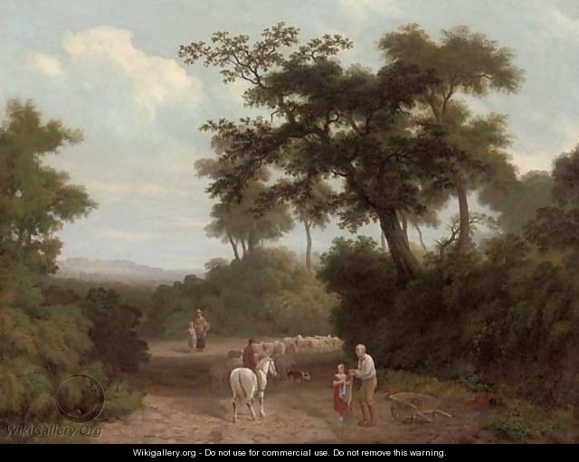 A wooded landscape with figures and a herdsman with a flock of sheep in a clearing, a castle beyond - English School