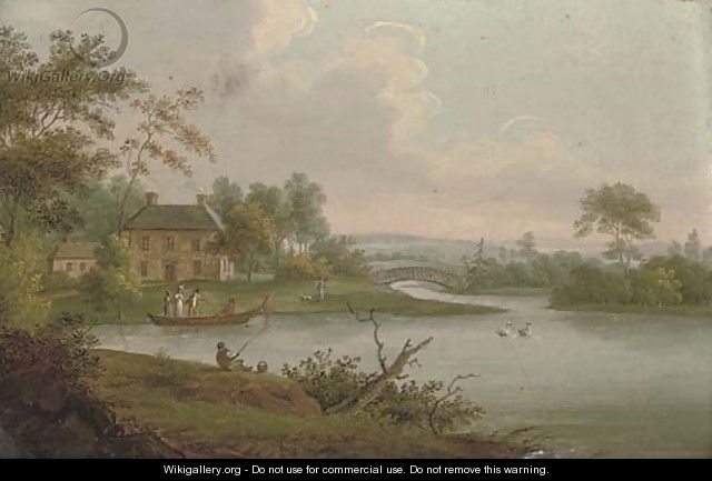 A river landscape with a cottage and elegant figures on a boat - English School