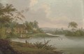 A river landscape with a cottage and elegant figures on a boat - English School