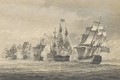 A naval engagement with a Britsh man o'war firing a broadside - English School