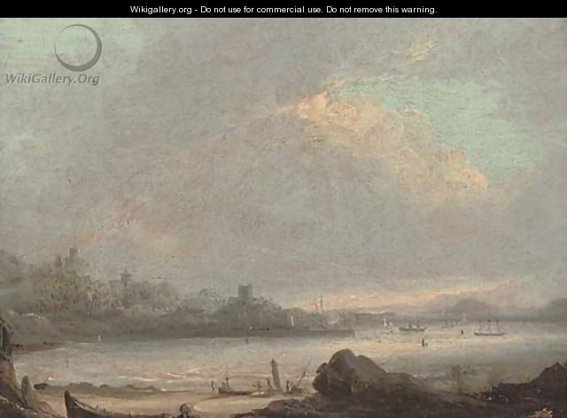 A costal inlet with fishermen in the foreground, a town beyond - English School