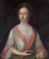 Portrait of a lady, half-length, in a white dress with red and green trim - English School