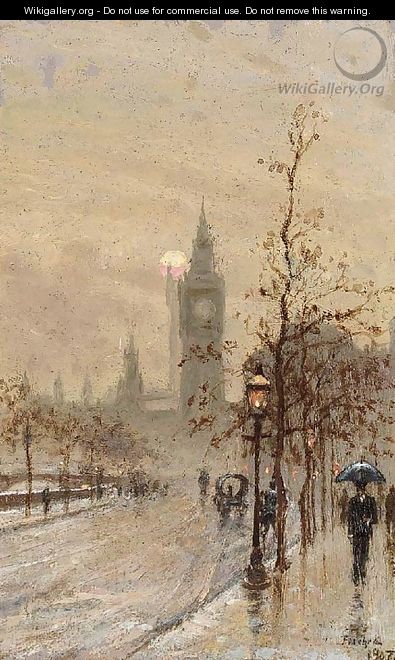 Figures walking in the rain on the Embankment with the Houses of Parliament beyond - English School