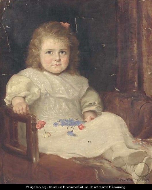 Portrait of a young girl, seated full-length, in a white dress, holding cornflowers and poppies in her hands - English School