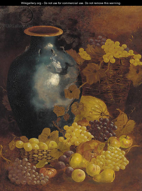 An earthenware vase, grapes on the vine in a basket and apples and pears - English School