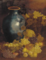 An earthenware vase, grapes on the vine in a basket and apples and pears - English School