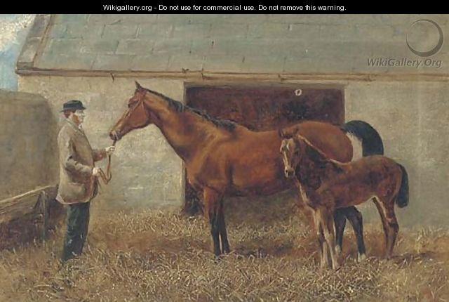 A mare and foal held by a groom - English School