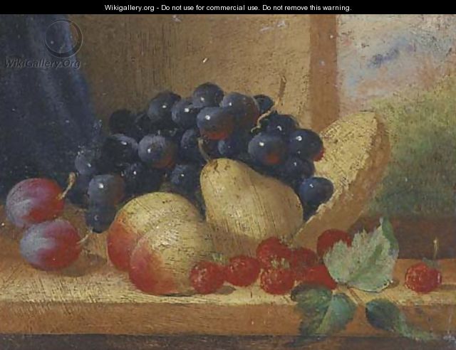 Plums, grapes, a peach, a pear, and raspberries by an upturned basket on a ledge - English School