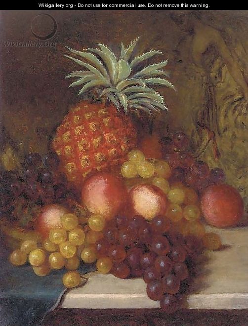 Grapes, peaches, and a pineapple, on a marble ledge - English School
