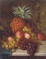 Grapes, peaches, and a pineapple, on a marble ledge - English School